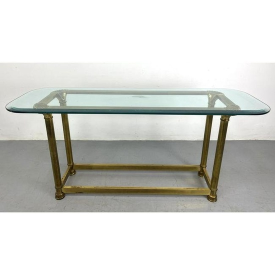 Decorative Mastercraft Console Hall Table with Shell Form Corners. Heavy Metal with Thick Glass Top