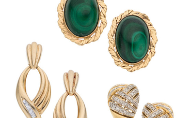Diamond, Malachite, Gold Earrings The lot consists of three...