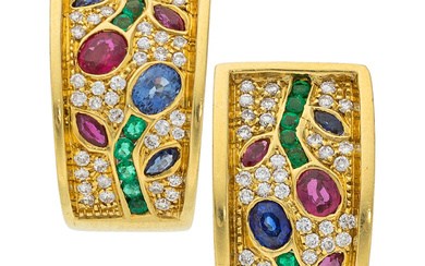 Diamond, Multi-Stone, Gold Earrings Stones: Full-cut diamonds weighing a...