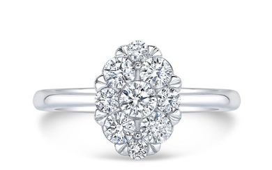 Diamond Oval Cluster Solitaire Ring With Tapered Shank In 14k White Gold