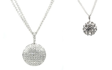 Diamond Puff Pave Disk Pendant In 18k White Gold, 16-inch Rolo Double Chain