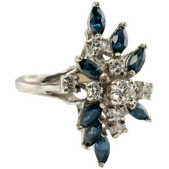 Diamond Sapphire Ring Flower 14K White Gold Vintage