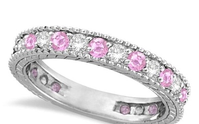 Diamond and Pink Sapphire Ring Anniversary Band 14k White Gold 1.08ctw