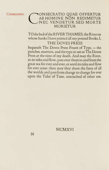 Doves Press.- Catalogue Raisonné, one of 150 copies, bound in russet morocco, gilt, by T.J.Cobden-Sanderson at the Doves Bindery, Doves Press, 1916.