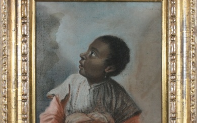 ÉCOLE FRANÇAISE, 18E SIÈCLE Portrait d'un serviteur noir tenant un turban Pastel 26,3 x 21,6...