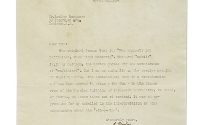 EINSTEIN, ALBERT | TLS TO ARTHUR RUSHMORE, DISCUSSING THE TRANSLATION OF EINSTEIN’S MOST FAMOUS QUOTE “GOD IS SUBTLE, BUT HE IS NOT MALICIOUS”, 1 P, 29 APRIL 1954.
