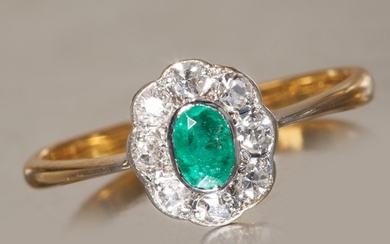 EMERALD AND DIAMOND CLUSTER RING, High carat gold. Vibrant e...