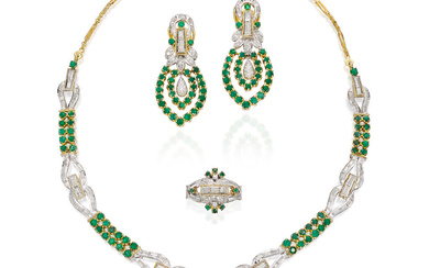 EMERALD AND DIAMOND RING, EARRINGS AND NECKLACE SUITE (3)