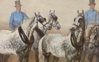 ENGLISH SCHOOL (19TH CENTURY), TWO GROOMS IN BLUE LIVERY WITH FOUR DAPPLE GREY CARRIAGE HORSES