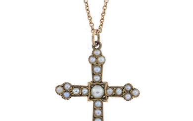 Early 20th century gold split pearl cross pendant, with chain