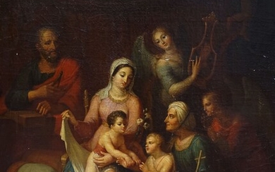 Ecole française XIXe. Saint Famille avec Saint Jean Baptiste, Sainte et un ange musicien. Huile...