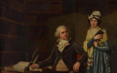 Ecole française de la fin du XVIIIe siècle. Portrait d'un couple dans un cabinet. Huile sur toile. 91,5 x 72,5 cm (craquelures)