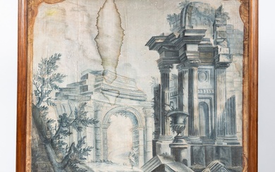 Ecole italienne, fin XVIIIème : Paysages de ruines en grisaille. Paire d'huiles sur toiles (accidents,...