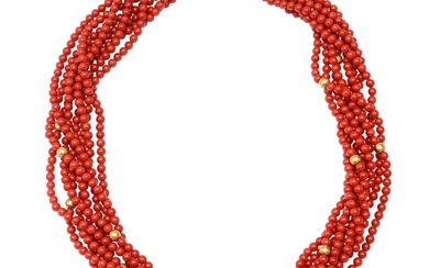 Eight Strand 4mm Coral Beaded Necklace with 14K Gold Clasp