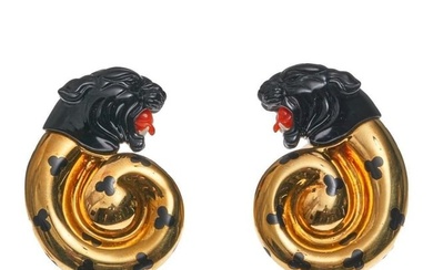 Elizabeth Gage SIGNED Pair of Gold, Carved Black Onyx, Coral and Black Enamel Panther Clip-On