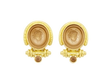 Elizabeth Locke Pair of Gold and Glass Cameo, Mother-of-Pearl and Smoky Quartz Earclips