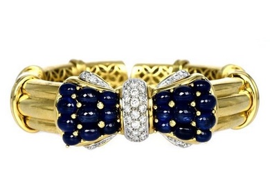 Estate Cabochon Blue Sapphire Diamond 18K Gold Bow Cuff Bangle Bracelet