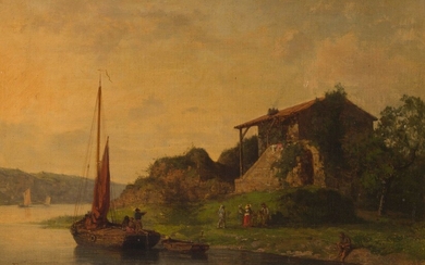 FAXON (XIXème) Paysage fluvial animé Huile sur toile signée en bas à gauche 49 x...