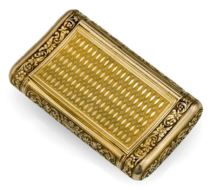 FINE FRENCH CISELED GOLD SNUFF BOX by Louis-Francois Tronquoy, Paris, c. 1830/40. Rectangular, slightly curved box with rounded corners. The hinged lid and the bottom is decorated with guilloche geometric pattern, body and sides finely ciseled...