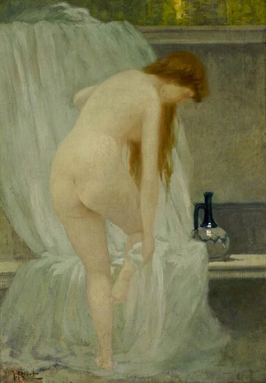 Ferdinand Victor Léon Roybet (French 1840-1920), Nude at the Bath, Oil on Canvas, 29 x 21 inches