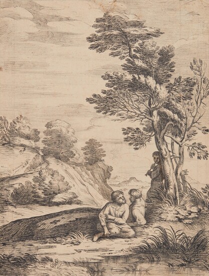 Figures in a landscape with a fortified town surrounded by a lake, Bolognese School, 17th Century
