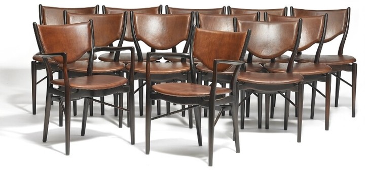Finn Juhl: “BO 63” and “BO 72”. A set of 12 stained beech dining chairs, consisting of ten chairs and a pair of armchairs. (12)