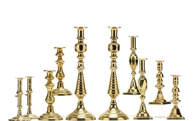 Five Pairs of Antique Brass Candlesticks