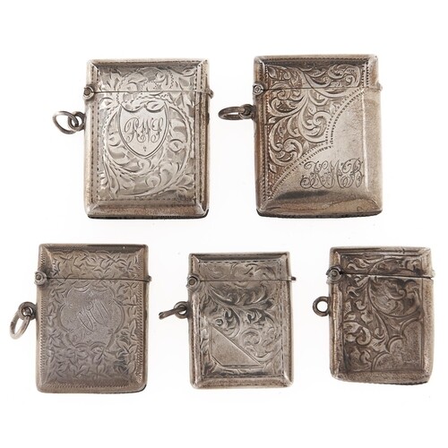 Five silver vesta cases, Victorian-George V, 40-50mm h, 3oz...
