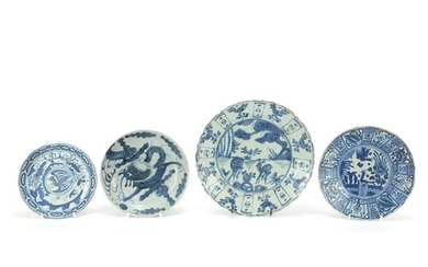 Four Chinese blue and white porcelain plates including one p...