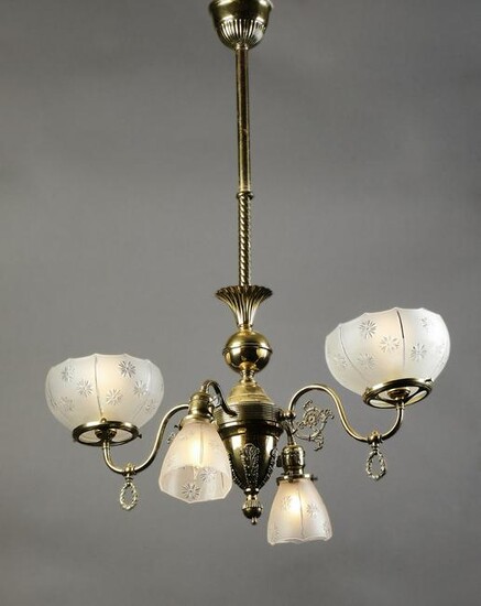 Four light gasolier style gilt brass chandelier