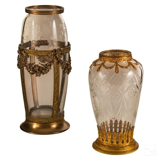 French Antique Cut Crystal & Gilt Metal Vases