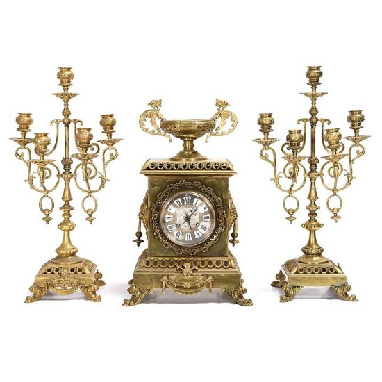 French Beaux Arts Three Piece Bronze Mantel Clock