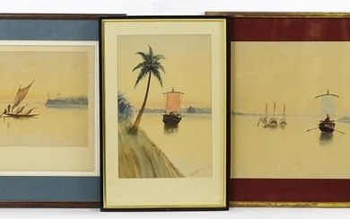 G. Ghose, Early 20th century, Indian School, Watercolours, Three river scenes with fishing boats and