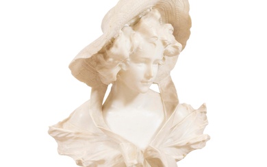 G. POCHINI (XIX), alabaster sculpture of a young lady with hat, signed