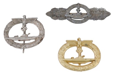 GROUP OF 3 GERMAN WWII U BOAT BADGES AND CLASP