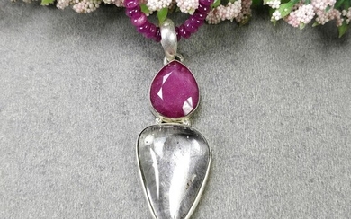 Red RUBY Gemstone BEADS : 17.5" Natural Ruby Rutile AMETHYST Gemstone Pendant 925 Sterling Silver Necklace Gift For Her