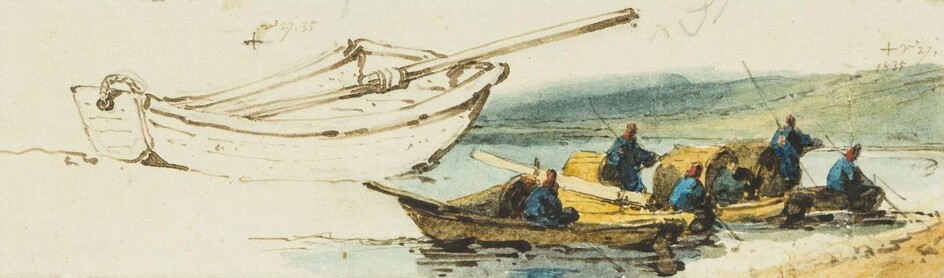 George Chinnery, British 1774-1852- Sampans; pencil, pen and brown ink and watercolour on paper, inscribed in the artist's shorthand and dated twice 'March 27. 1835' (upper left and upper right), 4.9 x 16.6 cm. Provenance: with P. & D. Colnaghi &...