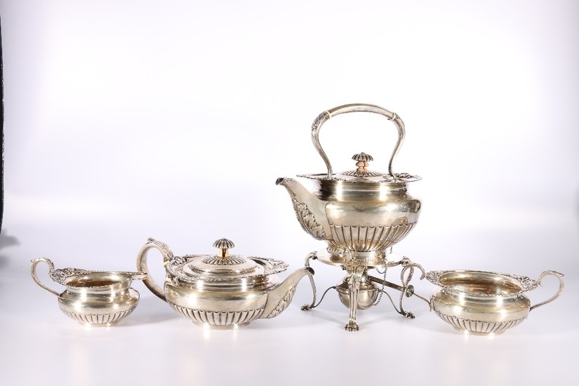 George V silver four-piece tea set with spirit kettle by Ham...