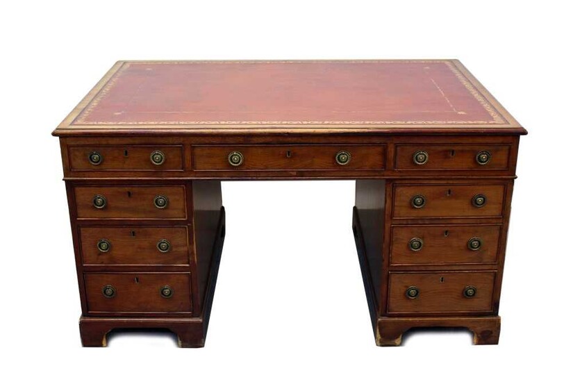 Georgian-style mahogany twin pedestal partners writing desk with leather lined top & nine drawers