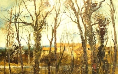 Gilles Fabre. Maison derrière les arbres. Bord de l'Isle en Périgord. Huile sur toile. Signée. 80 x 80 cm. (Accident)