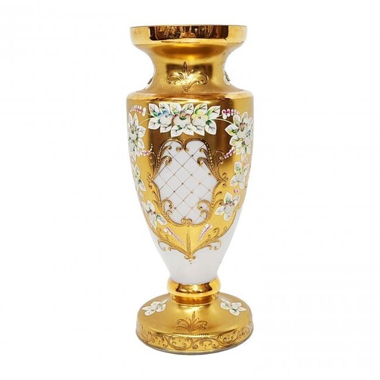 Gilt Bohemian Enamel Tall Gilt Floral Vase Art Glass