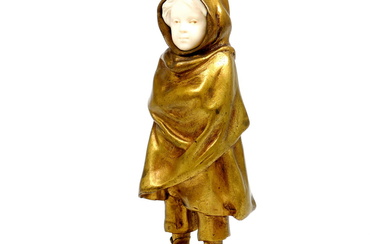 Gilt bronze chryselephantine sculpture "girl with cape", with...