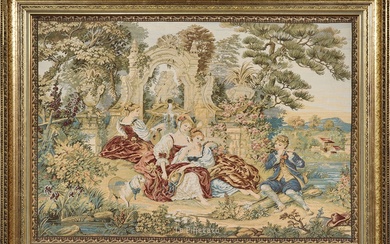 Gilt framed Belgian tapestry 'Le Pifferaro', with courtesans in a...