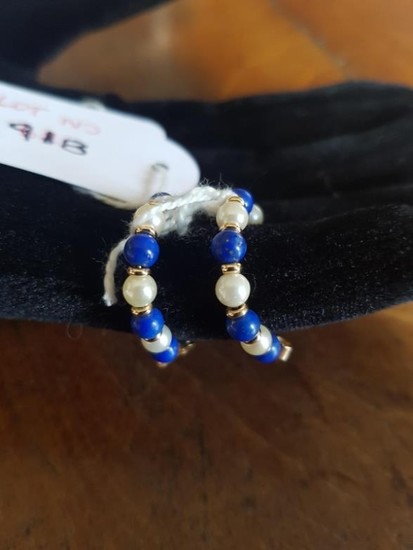 Gold Cultured Pearl and Lapis Hoop Earrings