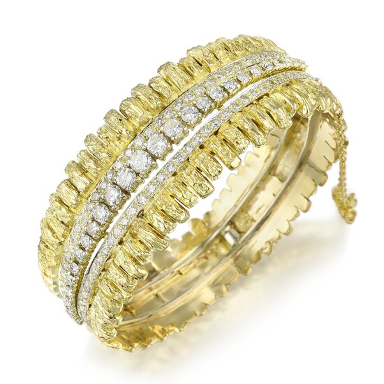 Gold Fringe and Diamond Hinged Bangle Bracelet