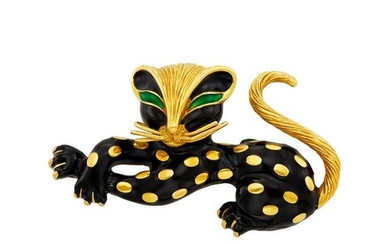 Gold and Black Enamel Cat Clip-Brooch, Fred, Paris