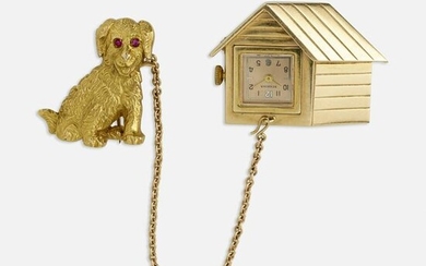 Gold dog and dog house watch brooch