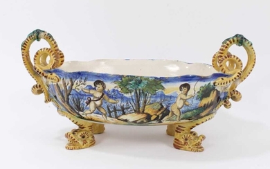 Good Cantagalli maiolica centrepiece, painted with classical scenes, with serpent-form handles, cockerel mark to base, 41cm across