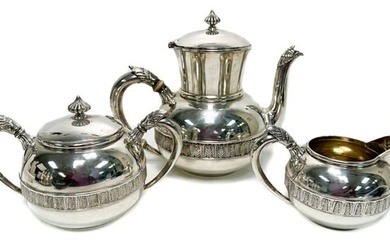 Gorham Sterling Silver 3 Piece Tea Set, Hand Chased Leaves, 1883