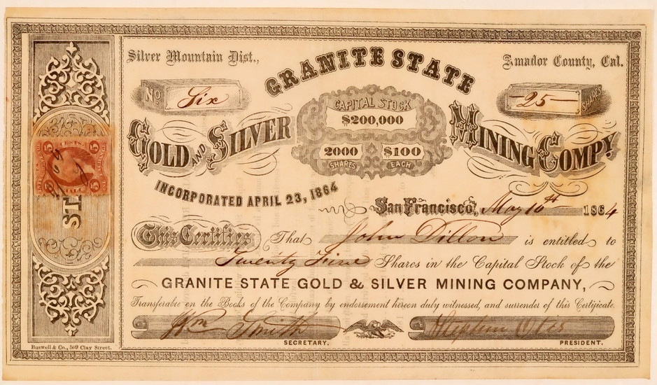 Granite State Gold & Silver Mining Co. Stock Certificate #107728